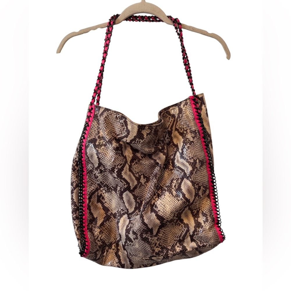 Poppie Snake Print Shoulder Hobo Bag Pink and Graphite Color Accents Chain Large
